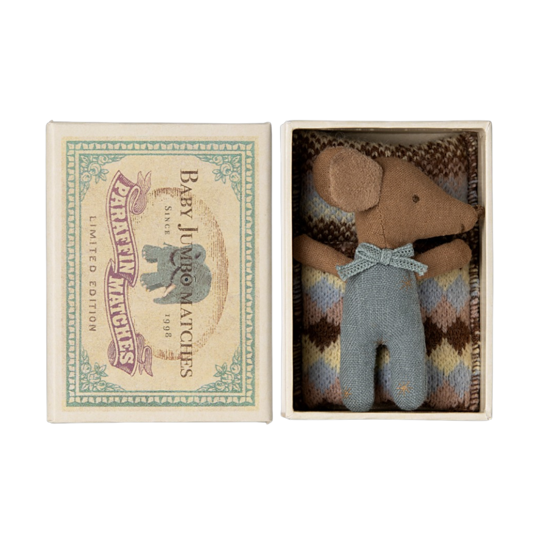Maileg - Sleepy Wakey Baby Mouse In A Matchbox, Blue