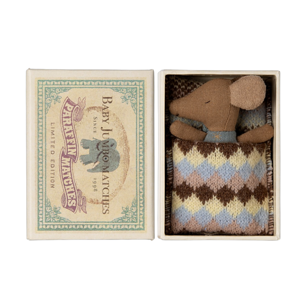 Maileg - Sleepy Wakey Baby Mouse In A Matchbox, Blue