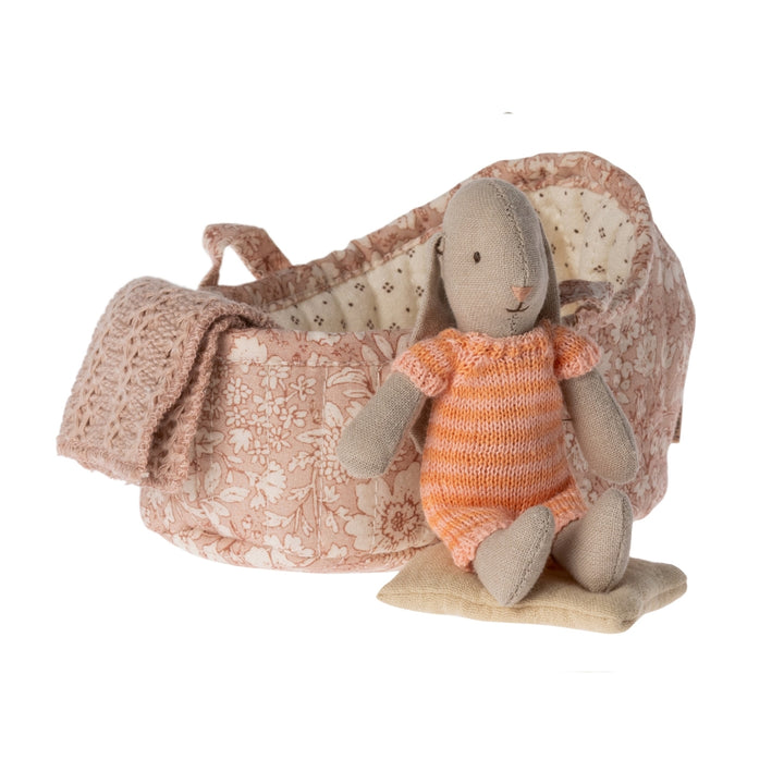 Maileg - Orange Stripe Bunny In A Carry Cot, Micro