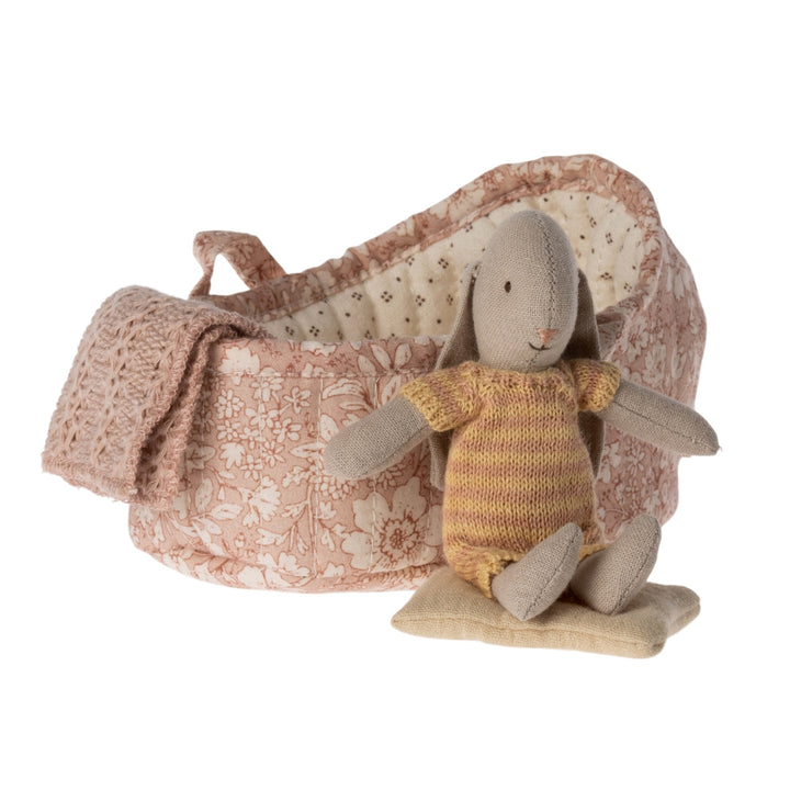 Maileg - Ochre Stripe Bunny In A Carry Cot, Micro