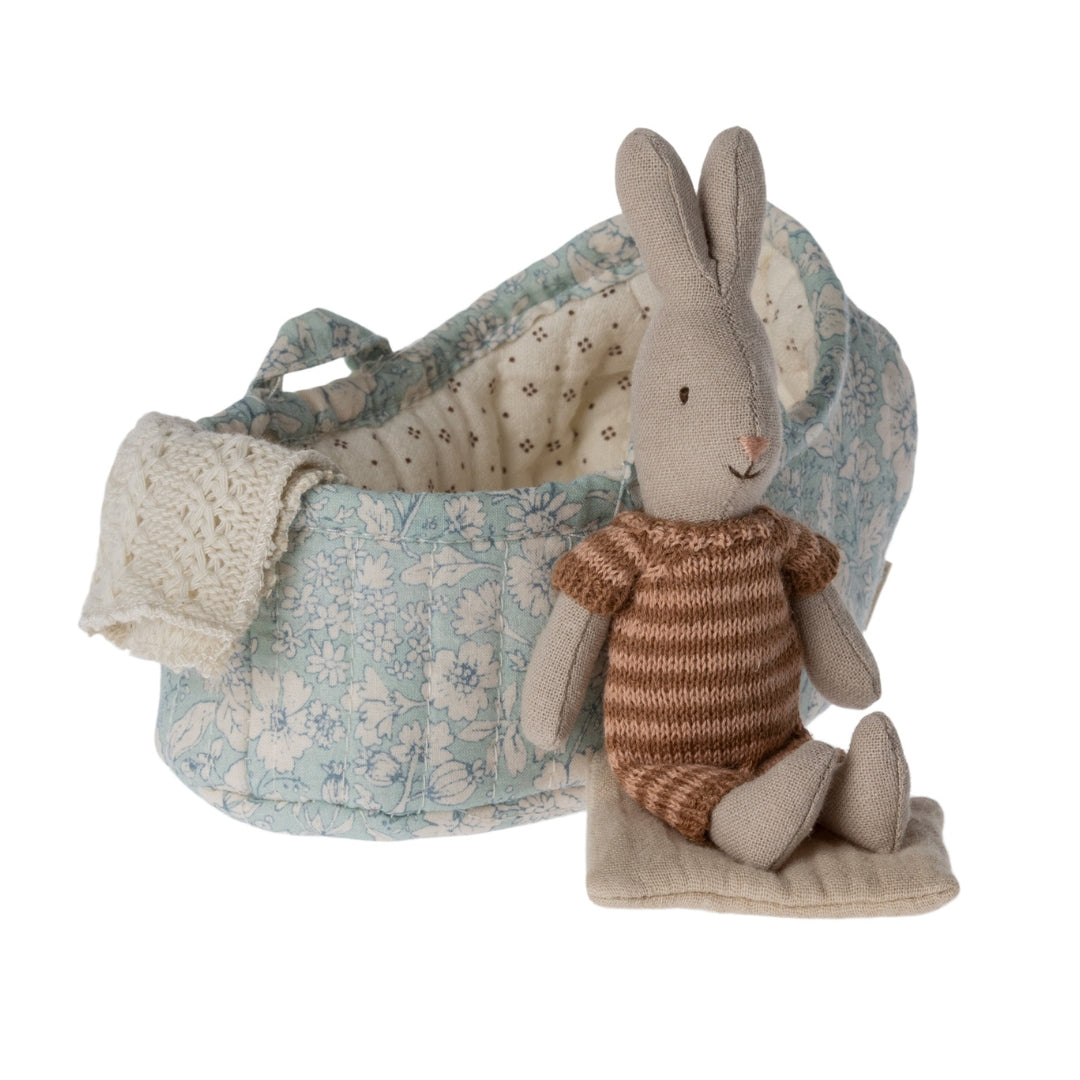 Maileg - Brown Stripe Rabbit In A Carry Cot, Micro