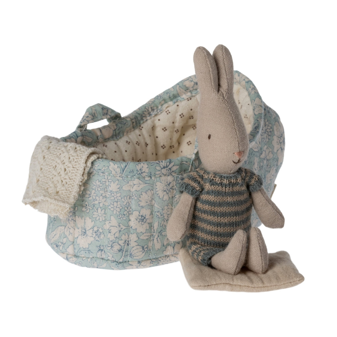 Maileg - Dark Blue Stripe Rabbit In A Carry Cot, Micro