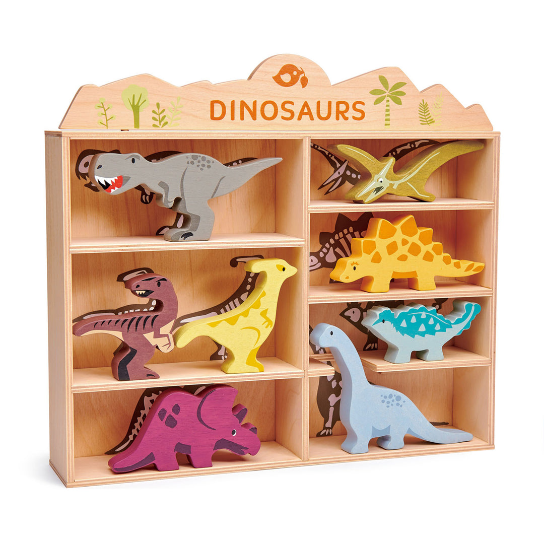 8 Wooden Dinosaurs + Shelf